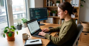 Persona completando un formulario digital en una laptop en un entorno moderno