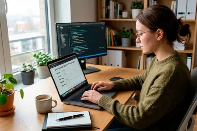 Persona completando un formulario digital en una laptop en un entorno moderno