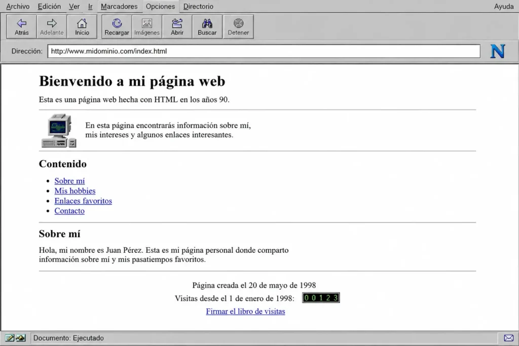 Ejemplo de una página web antigua creada con HTML básico