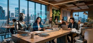 Inteligencia artificial y humanos trabajando juntos en un entorno laboral moderno