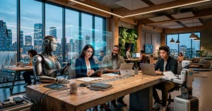 Inteligencia artificial y humanos trabajando juntos en un entorno laboral moderno