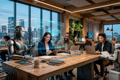 Inteligencia artificial y humanos trabajando juntos en un entorno laboral moderno