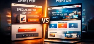 Comparación visual entre una landing page y una página web mostrando sus diferencias de estructura y objetivo