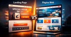 Comparación visual entre una landing page y una página web mostrando sus diferencias de estructura y objetivo
