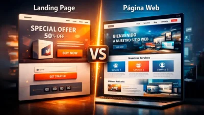 Comparación visual entre una landing page y una página web mostrando sus diferencias de estructura y objetivo