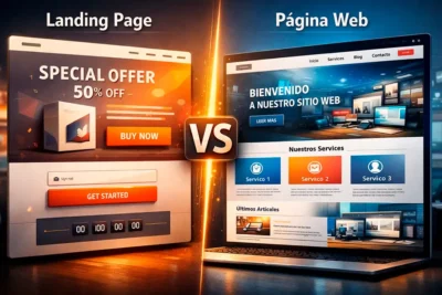 Comparación visual entre una landing page y una página web mostrando sus diferencias de estructura y objetivo