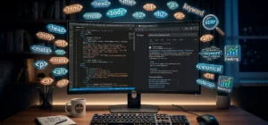 Pantalla mostrando optimización SEO con meta etiquetas y resultados de búsqueda en un sitio web