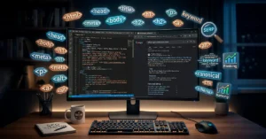 Pantalla mostrando optimización SEO con meta etiquetas y resultados de búsqueda en un sitio web