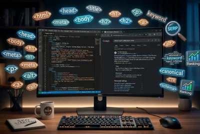 Pantalla mostrando optimización SEO con meta etiquetas y resultados de búsqueda en un sitio web