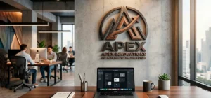 Diseño de logotipo profesional sobre escritorio moderno representando la identidad de marca de una empresa