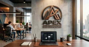 Diseño de logotipo profesional sobre escritorio moderno representando la identidad de marca de una empresa