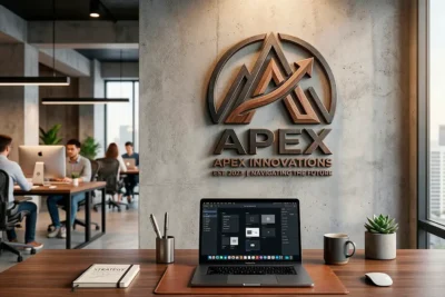 Diseño de logotipo profesional sobre escritorio moderno representando la identidad de marca de una empresa