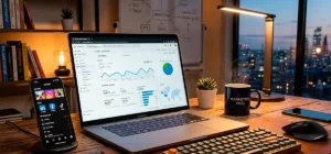 Escritorio moderno con laptop mostrando estadísticas de marketing digital y redes sociales abiertas en un smartphone