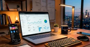 Escritorio moderno con laptop mostrando estadísticas de marketing digital y redes sociales abiertas en un smartphone