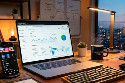 Escritorio moderno con laptop mostrando estadísticas de marketing digital y redes sociales abiertas en un smartphone