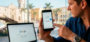 Ilustración de un motor de búsqueda mostrando una barra de búsqueda digital sobre un mapa del mundo con conexiones de datos