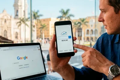 Ilustración de un motor de búsqueda mostrando una barra de búsqueda digital sobre un mapa del mundo con conexiones de datos