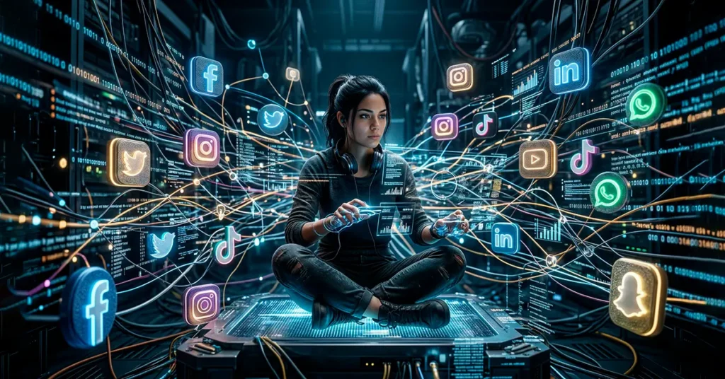 Persona rodeada de datos digitales representando el uso de información personal en Internet