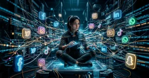 Persona rodeada de datos digitales representando el uso de información personal en Internet