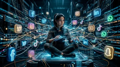 Persona rodeada de datos digitales representando el uso de información personal en Internet