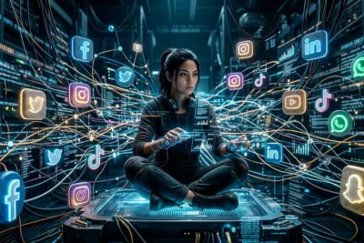 Persona rodeada de datos digitales representando el uso de información personal en Internet