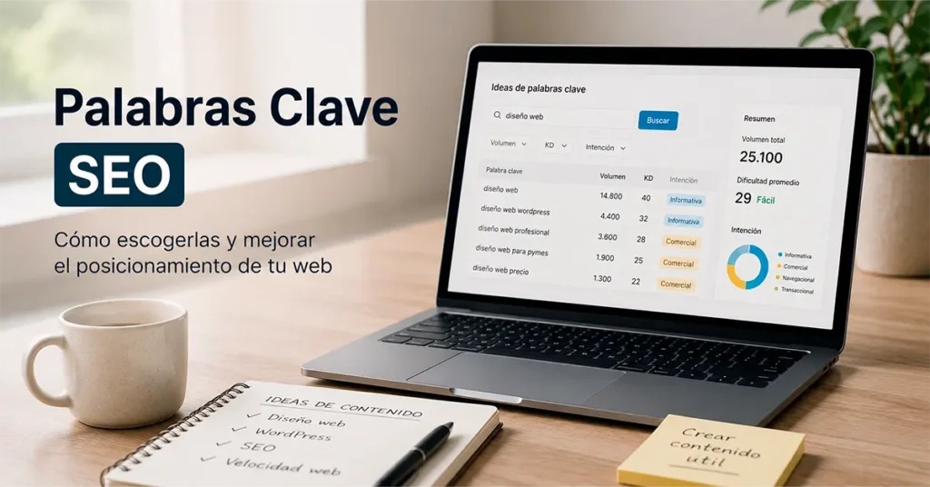 Persona investigando palabras clave SEO desde una laptop