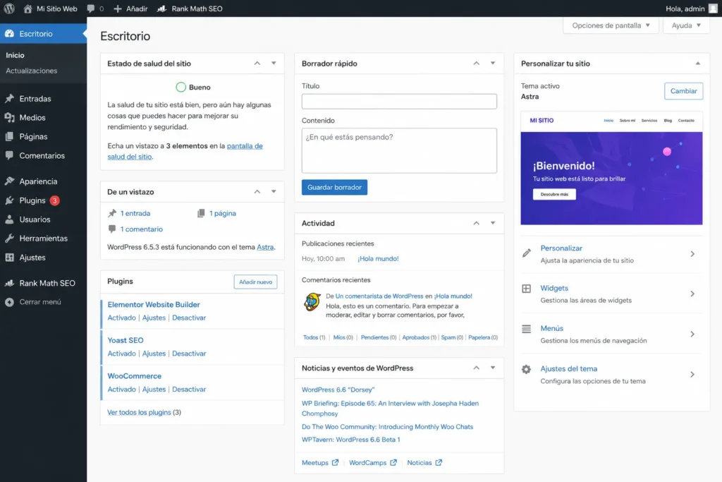 Panel de administración de WordPress mostrando opciones de personalización