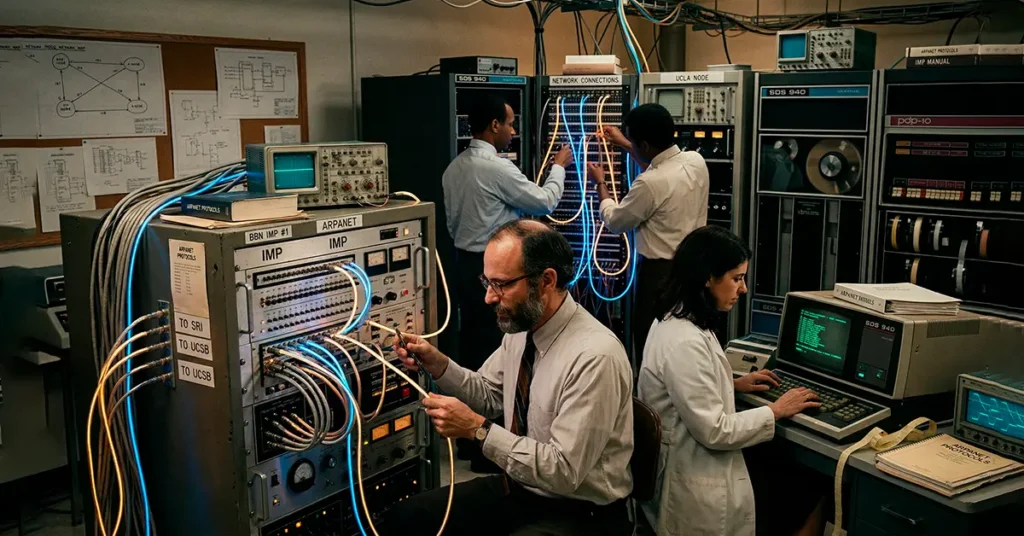 Historia del Internet con científicos trabajando en computadoras antiguas conectadas en red