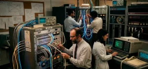 Historia del Internet con científicos trabajando en computadoras antiguas conectadas en red