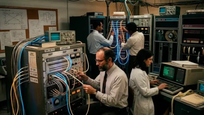 Historia del Internet con científicos trabajando en computadoras antiguas conectadas en red