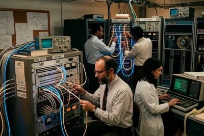 Historia del Internet con científicos trabajando en computadoras antiguas conectadas en red