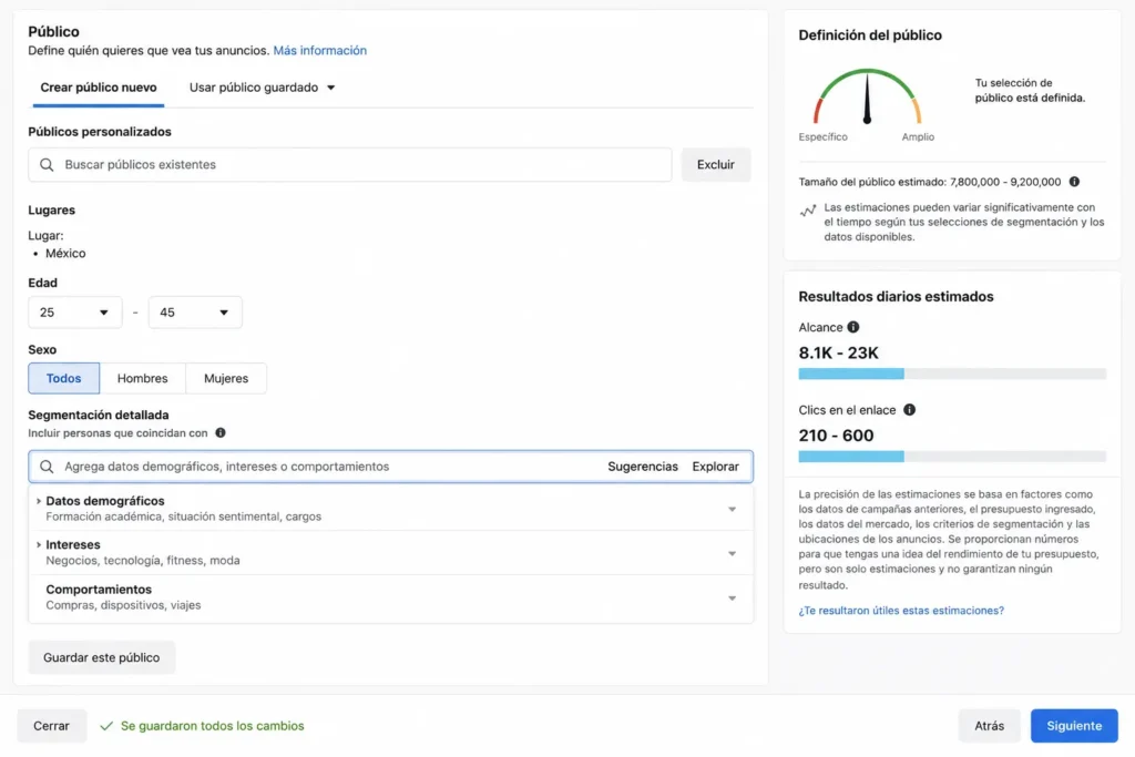 Configuración de segmentación de público en Meta Ads