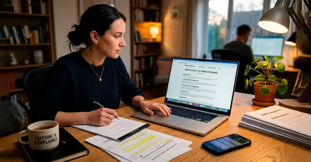 Pantalla de ordenador mostrando textos legales de una página web como política de privacidad y aviso legal