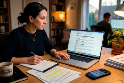 Pantalla de ordenador mostrando textos legales de una página web como política de privacidad y aviso legal