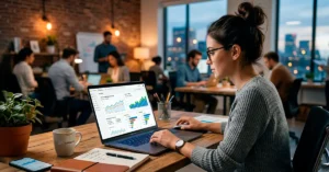 Persona analizando el crecimiento del tráfico web en su computadora portátil