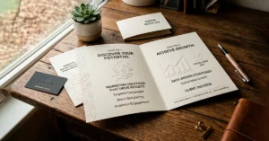 Folleto publicitario sobre una mesa con diseño atractivo y contenido informativo