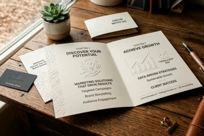 Folleto publicitario sobre una mesa con diseño atractivo y contenido informativo