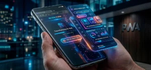 Ilustración de una Progressive Web App mostrando una web que funciona como aplicación móvil en un smartphone