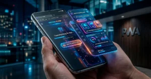 Ilustración de una Progressive Web App mostrando una web que funciona como aplicación móvil en un smartphone