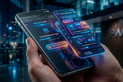 Ilustración de una Progressive Web App mostrando una web que funciona como aplicación móvil en un smartphone