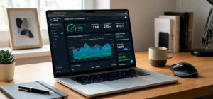 Pantalla de laptop mostrando métricas de velocidad y optimización de una página web
