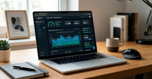 Pantalla de laptop mostrando métricas de velocidad y optimización de una página web