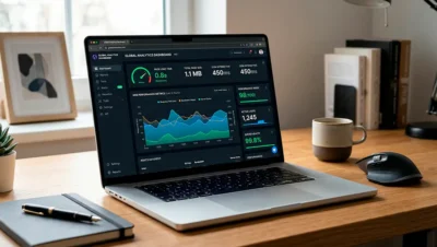 Pantalla de laptop mostrando métricas de velocidad y optimización de una página web