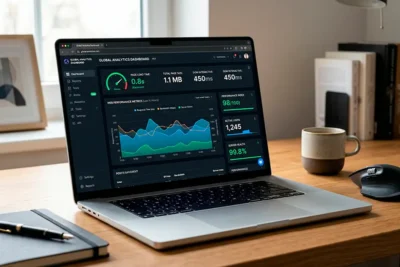 Pantalla de laptop mostrando métricas de velocidad y optimización de una página web