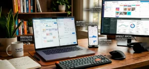 Herramientas de gestión de redes sociales en una pantalla con análisis y programación de contenido
