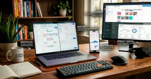 Herramientas de gestión de redes sociales en una pantalla con análisis y programación de contenido