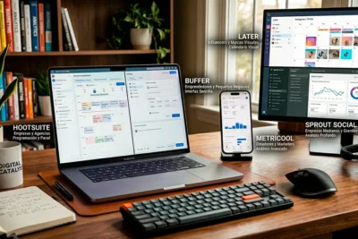 Herramientas de gestión de redes sociales en una pantalla con análisis y programación de contenido