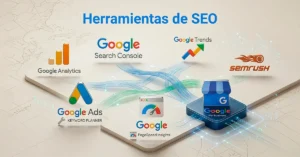 Herramientas SEO mostrando análisis de posicionamiento web en pantallas digitales