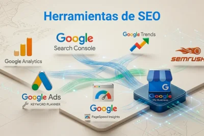 Herramientas SEO mostrando análisis de posicionamiento web en pantallas digitales