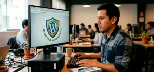 Plugins de seguridad para WordPress protegiendo un sitio web con un escudo digital